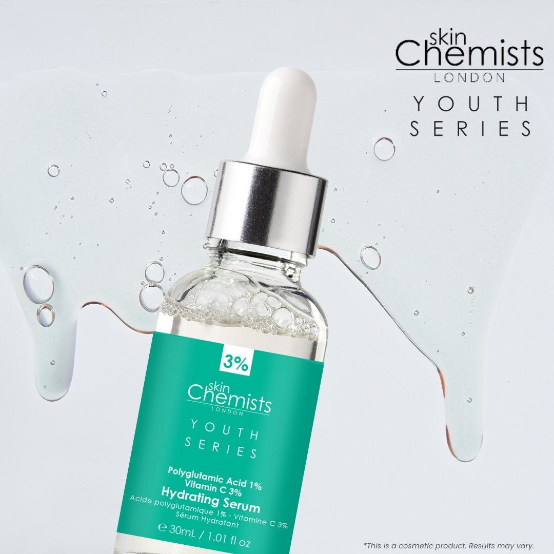 Skincare serum bottle with dropper labeled 'skin Chemists London Youth Series' on a light gray background.