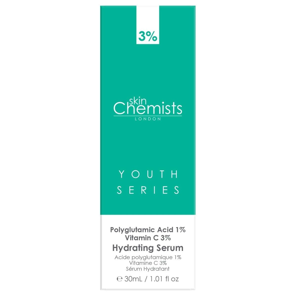 Skincare serum packaging with 'skin Chemists' branding on a white background