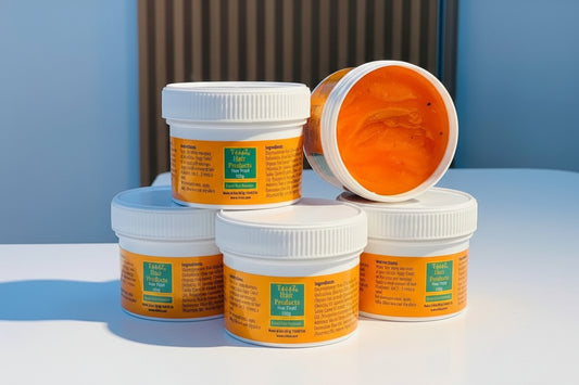Four containers of T444Z hair products on a blue background
