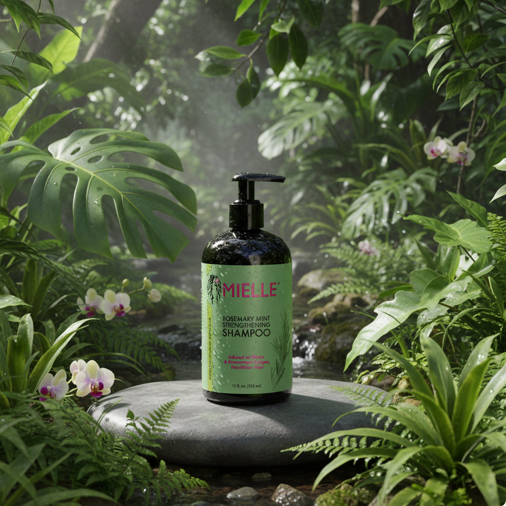 MIELLE shampoo bottle with text on a green background