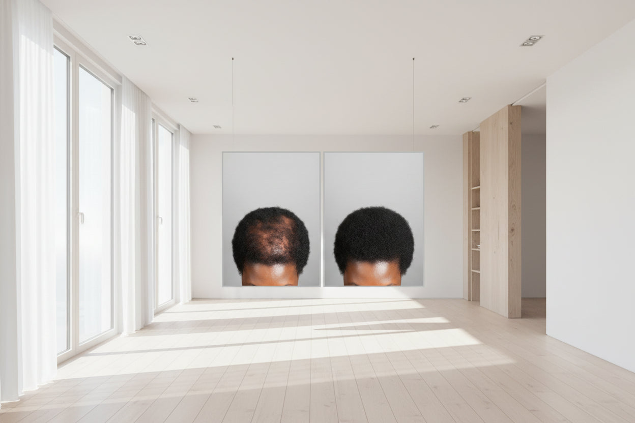 Before and after comparison of a person's hair growth in an indoor setting.