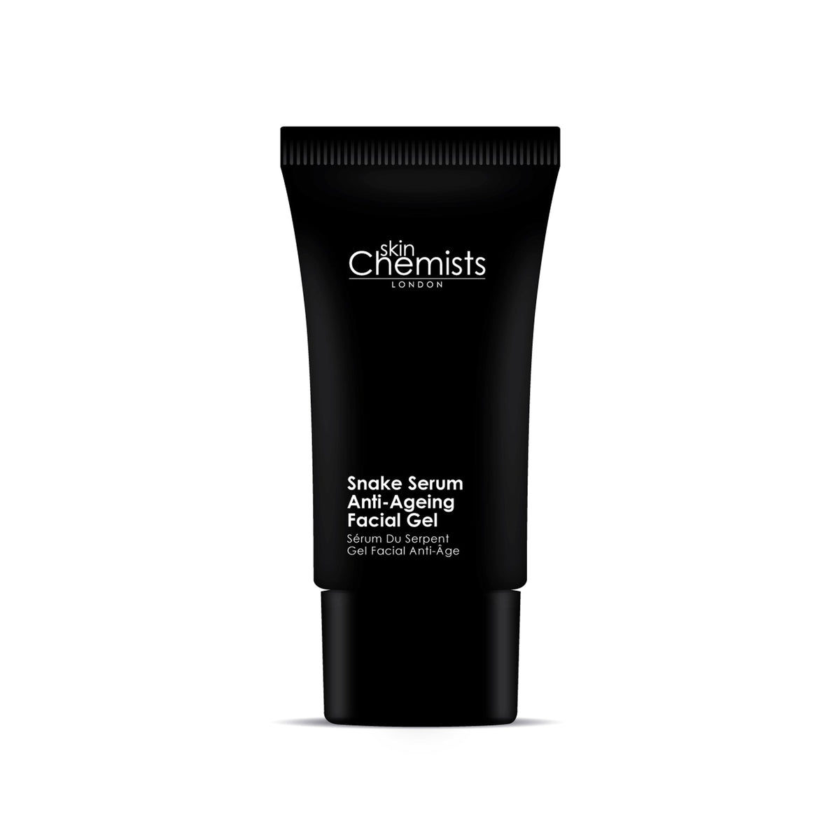 Black tube of 'skinChemists' Snake Serum Anti-Ageing Facial Gel on a white background
