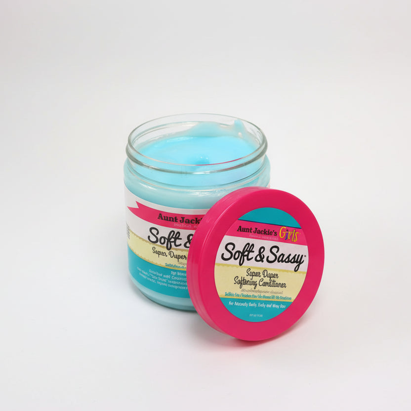 Jar of Aunt Jackie's Girls Soft & Sassy Super Duper Softening Conditioner with pink lid on a white background