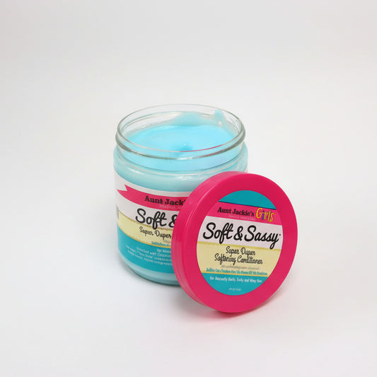 Jar of Aunt Jackie's Girls Soft & Sassy Super Duper Softening Conditioner with pink lid on a white background