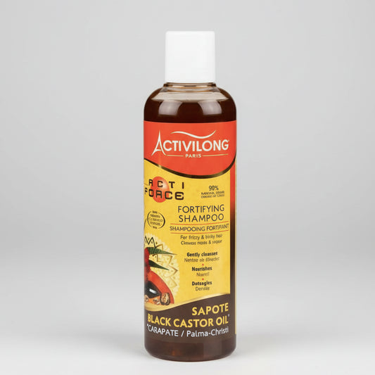 Bottle of Activilong Fortifying Shampoo with a yellow label on a white background
