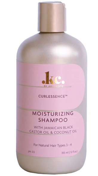 K.C. by Kurlee Belle Curlessence Moisturizing Shampoo bottle with gold cap and pink label on a white background
