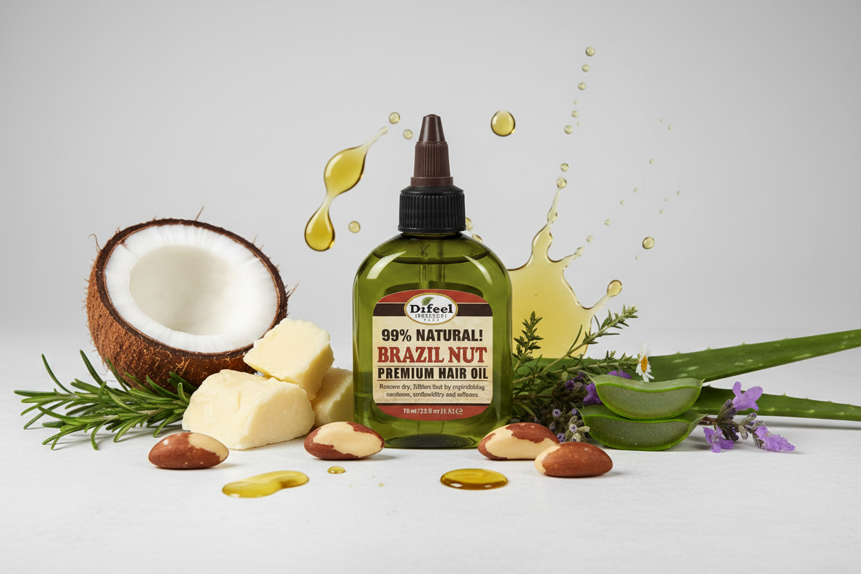 A bottle of Difeel Naturals Brazil Nut Premium Hair Oil, 70ml, featuring an olive green bottle, black dropper cap, and a cream-colored label with red and black text, set against a light gray background.