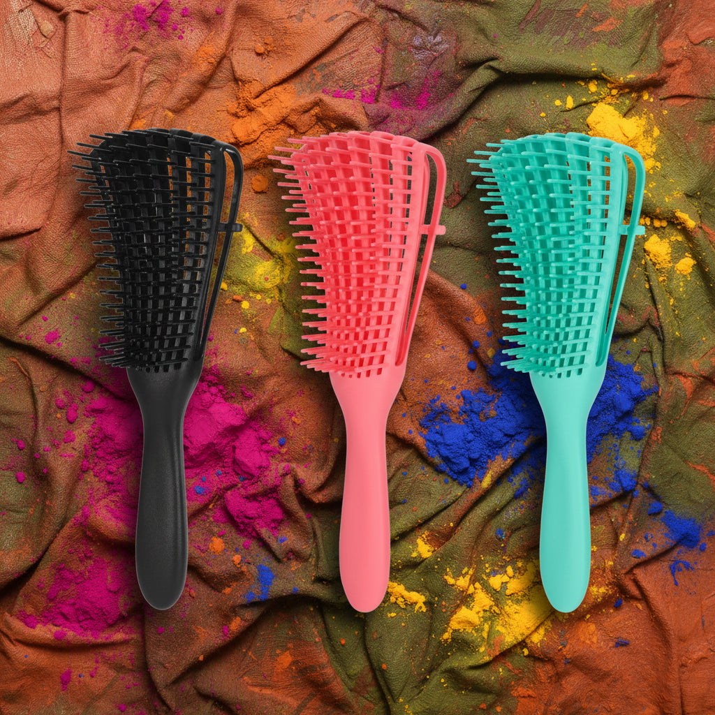 Three hairbrushes in black, pink, and green on a white background