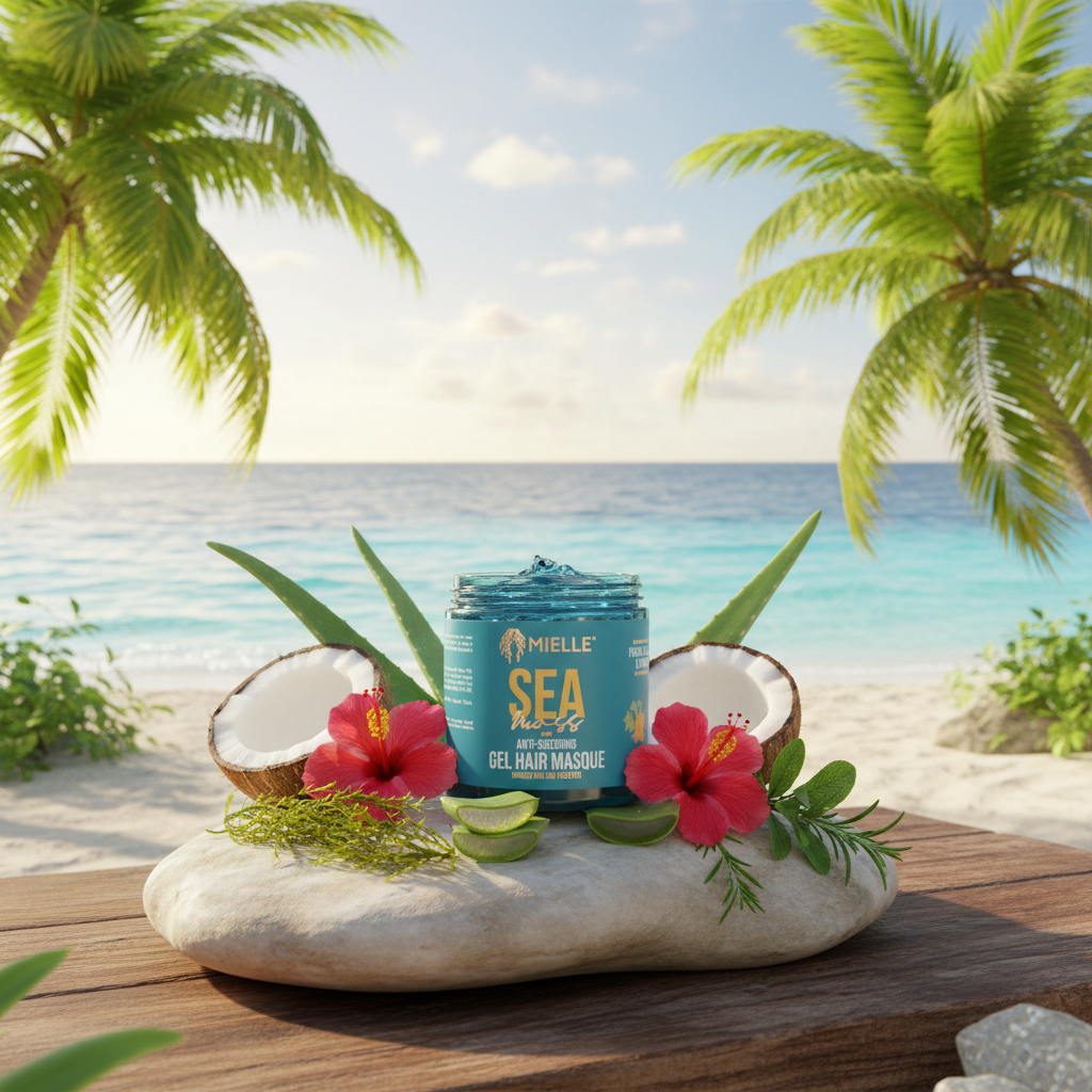 Blue jar of Mielle Sea Nuts Anti-Shedding Gel Hair Masque held by a hand.