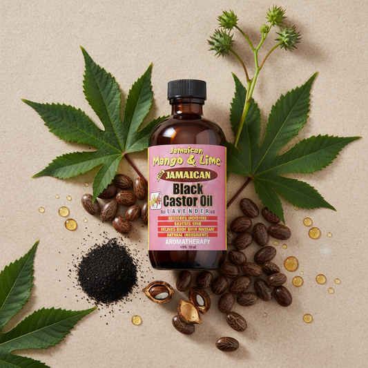 A bottle of Jamaican Black Castor Oil with a pink label and black cap, set against a plain white background.