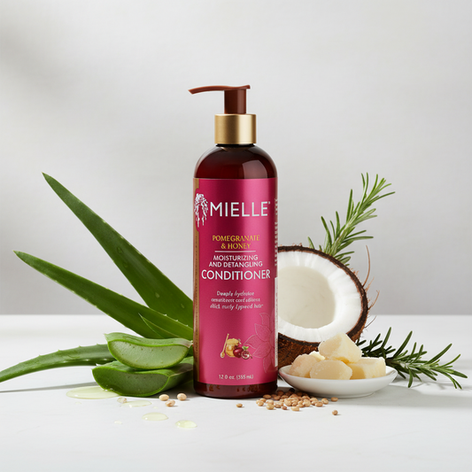 Mielle Haircare Detangling Conditioner in a dark amber bottle with a metallic gold pump and a vibrant magenta-pink label, set against a light gray background.