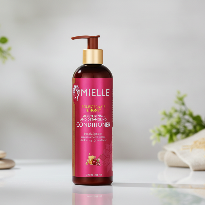 Mielle Haircare Detangling Conditioner in a dark amber bottle with a metallic gold pump and a vibrant magenta-pink label, set against a light gray background.
