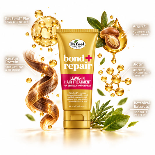 Difeel Different Fees Bond Repair Leave-In Hair Treatment shown in a gold squeeze tube next to its matching gold and pink packaging box, on a white background.