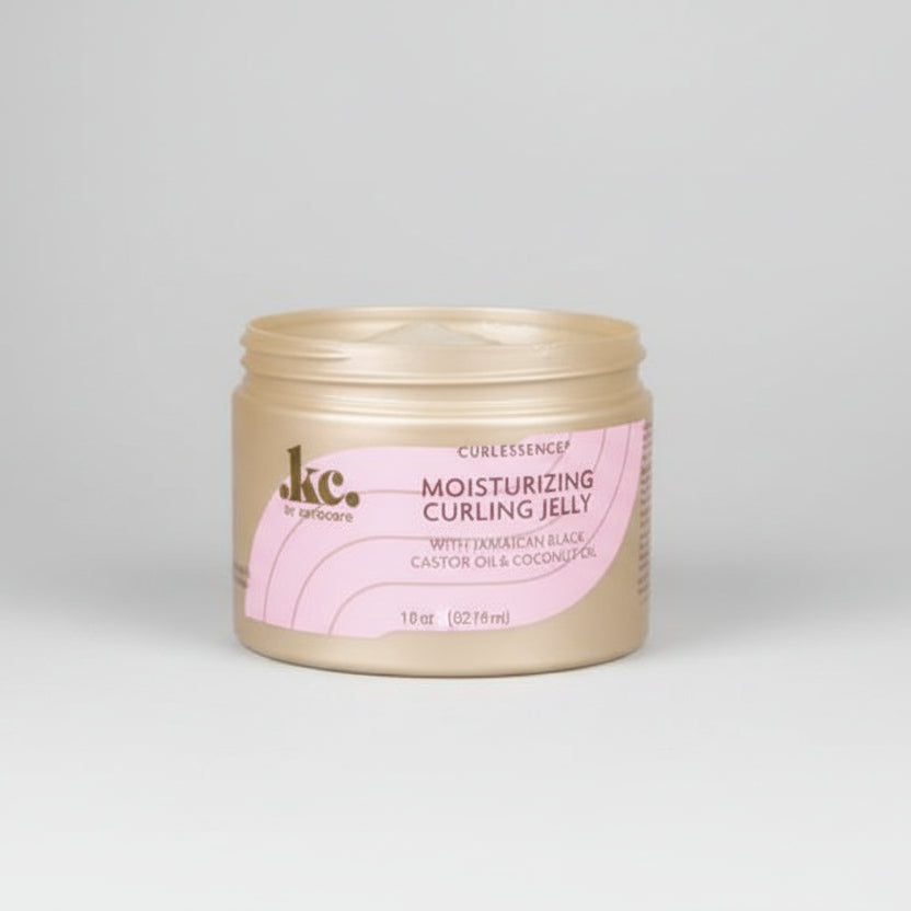 Person using a jar of j.k.c. Moisturizing Curling Jelly with a white substance being scooped out.