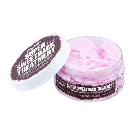 Super Sweetback Treatment jar with pink cream on a white background