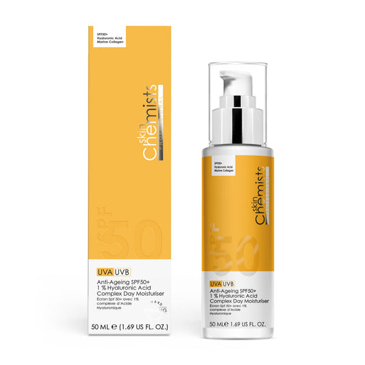 Skin Chemists UVA UVB anti-aging moisturizer with packaging on a white background