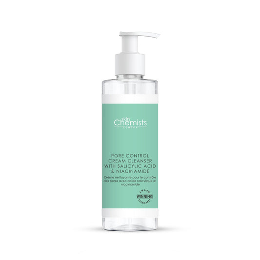 Skincare bottle with pump on a white background