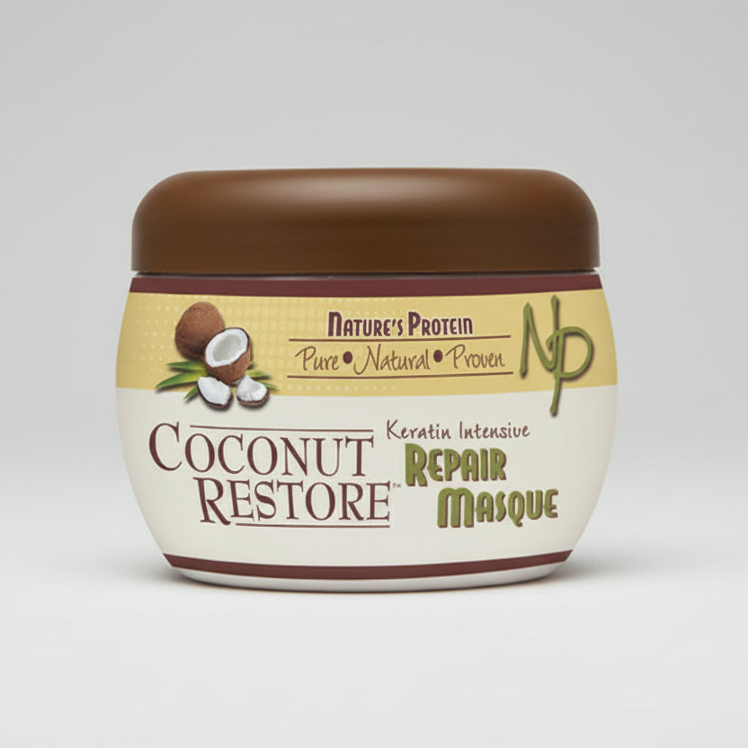 Jar with a brown lid image of coconuts on a repair mask displayed on a white background.