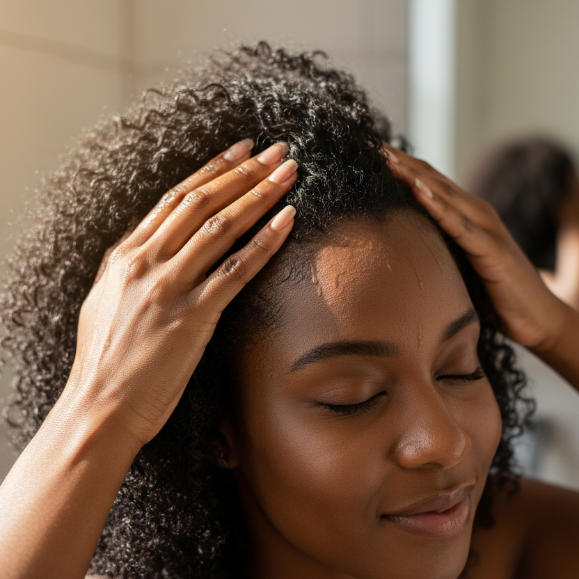 Peaceful scalp massage moment showing healthy hair care routine