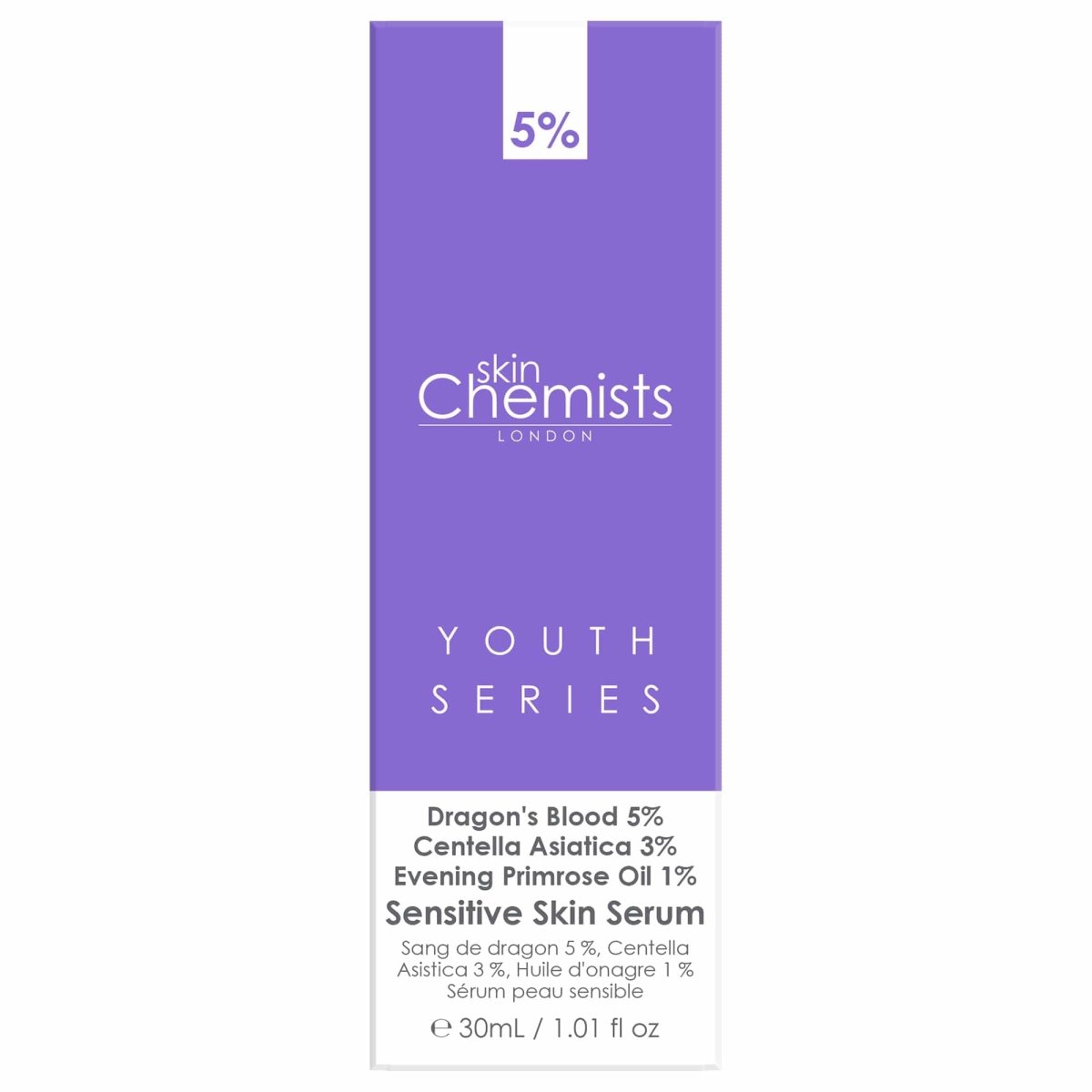 Skincare serum packaging with 'skinChemists London' branding on a white background