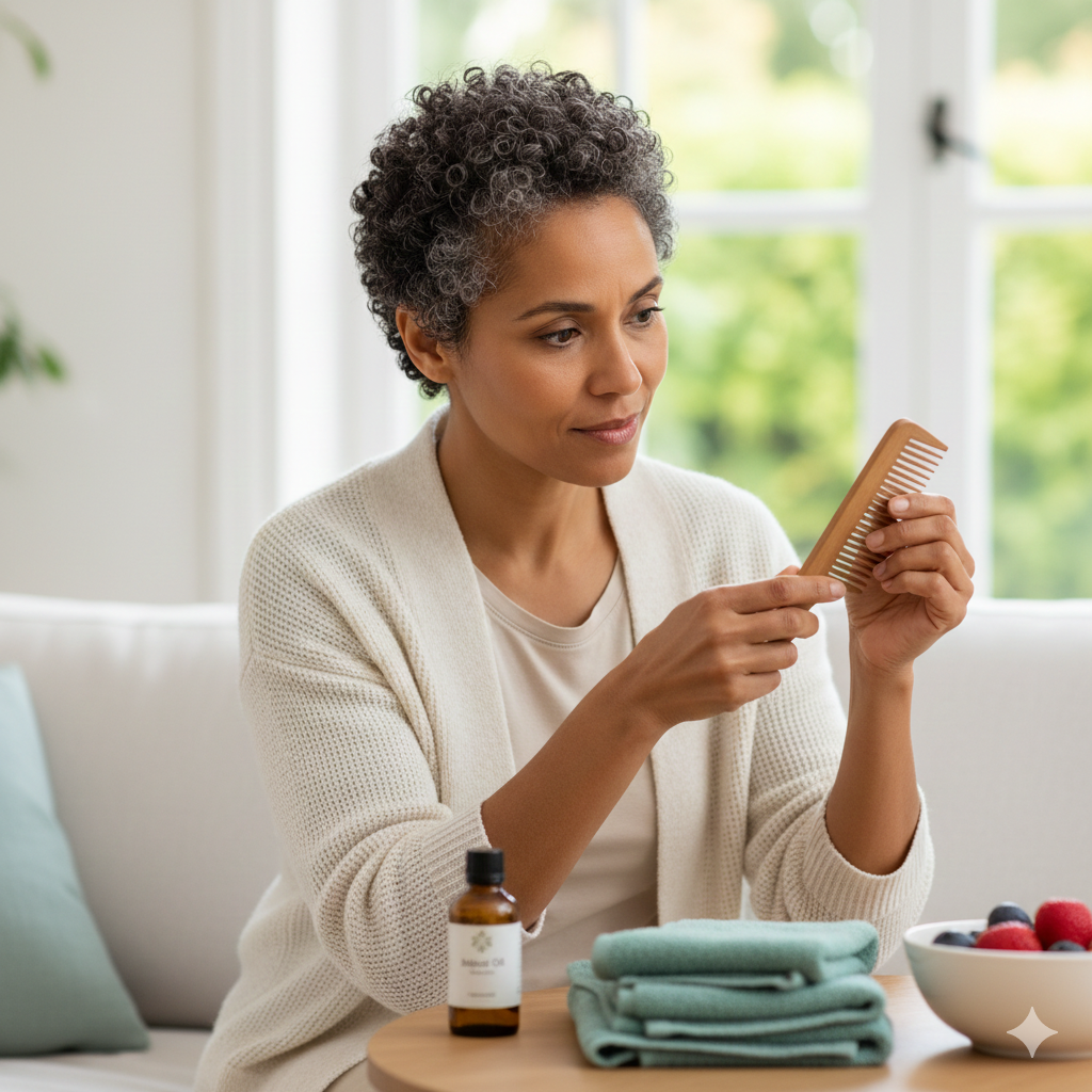 A smiling mixed-race woman in a bright, serene living room, gently examining her short, curly salt-and-pepper hair regrowth after chemotherapy. On the table in front of her are a wooden wide-tooth comb, natural scalp oil, and a soft microfiber towel.