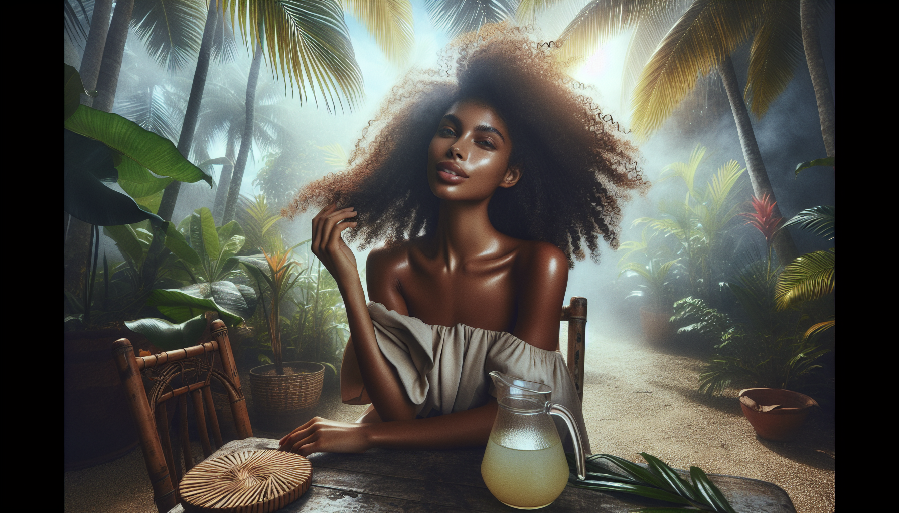 Woman siting in a humid country with her natural hair