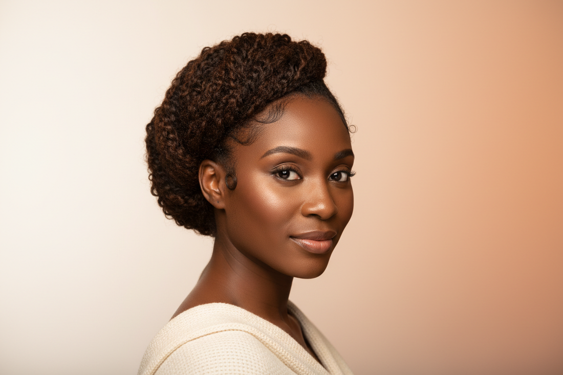 Black woman with natural hair in a protective updo style for thinning edges