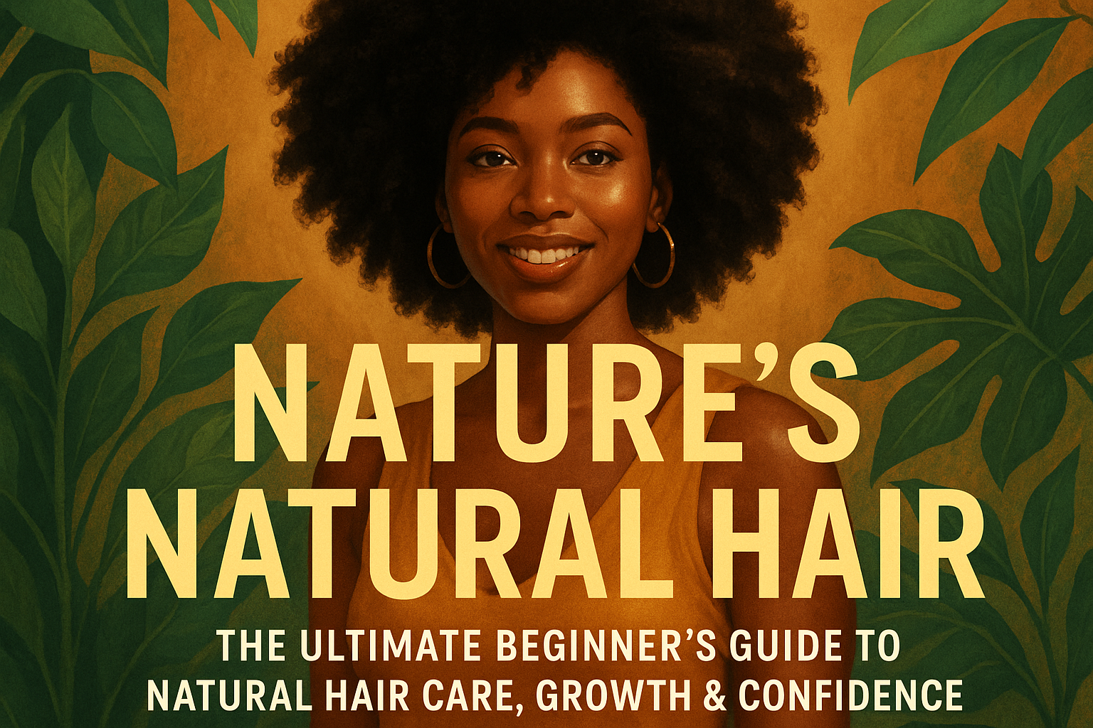 A brown woman with afro hair standing behind a brown background with tropical leaves on each side