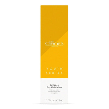 Skincare product packaging for 'Collagen Day Moisturizer' by 'skin Chemists' on a white background.