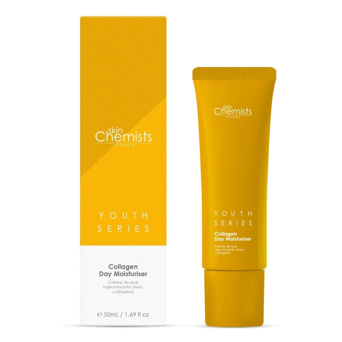 Yellow tube and box of 'skin Chemists' Youth Series Collagen Day Moisturizer on a white background