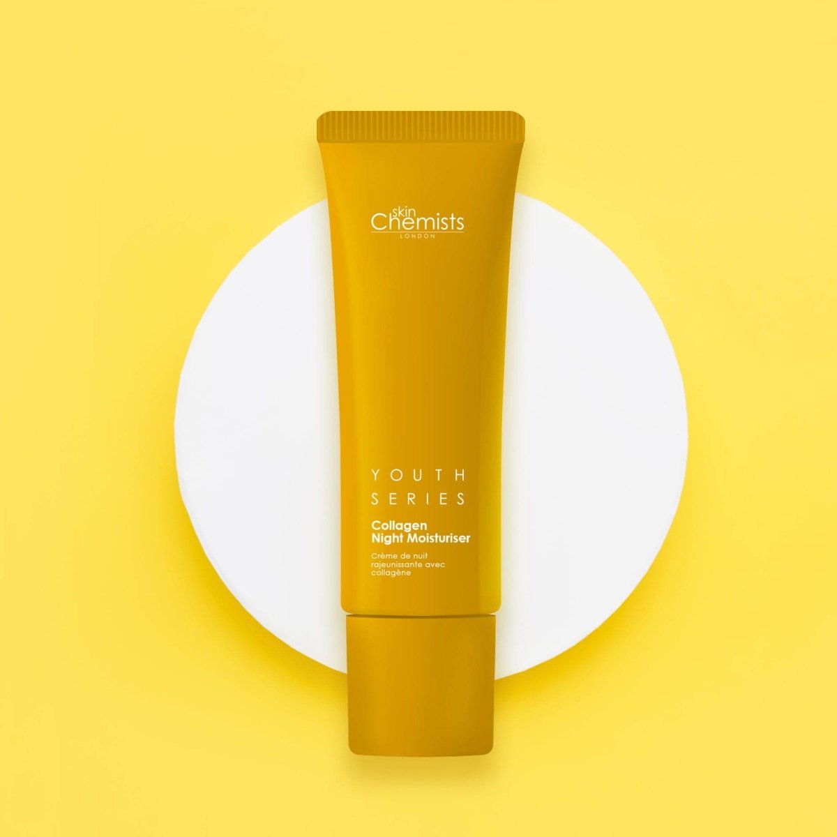 Skincare tube labeled 'Chemists' on a yellow background