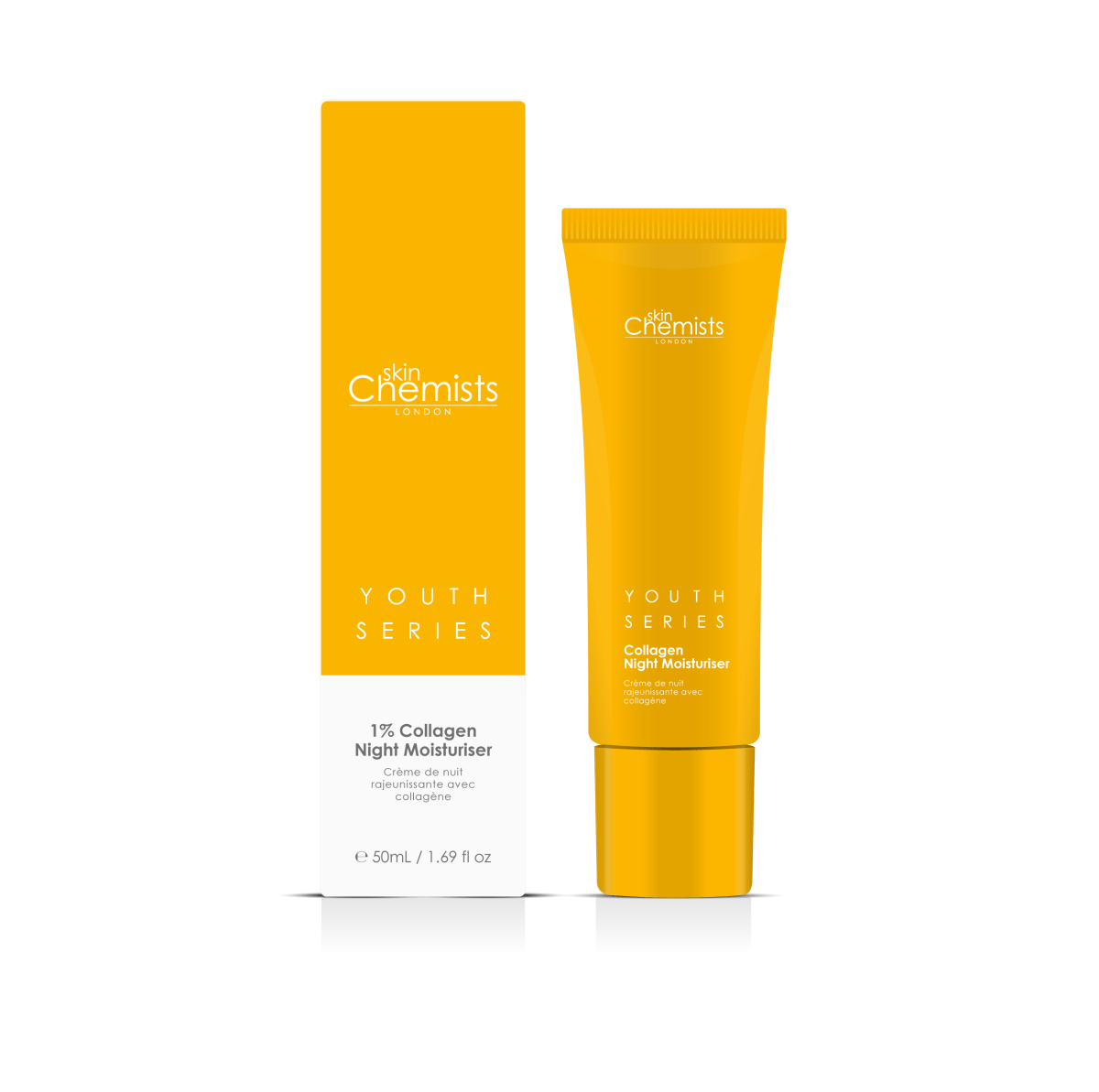 Yellow skincare product and packaging with 'The Chemists' branding on a white background