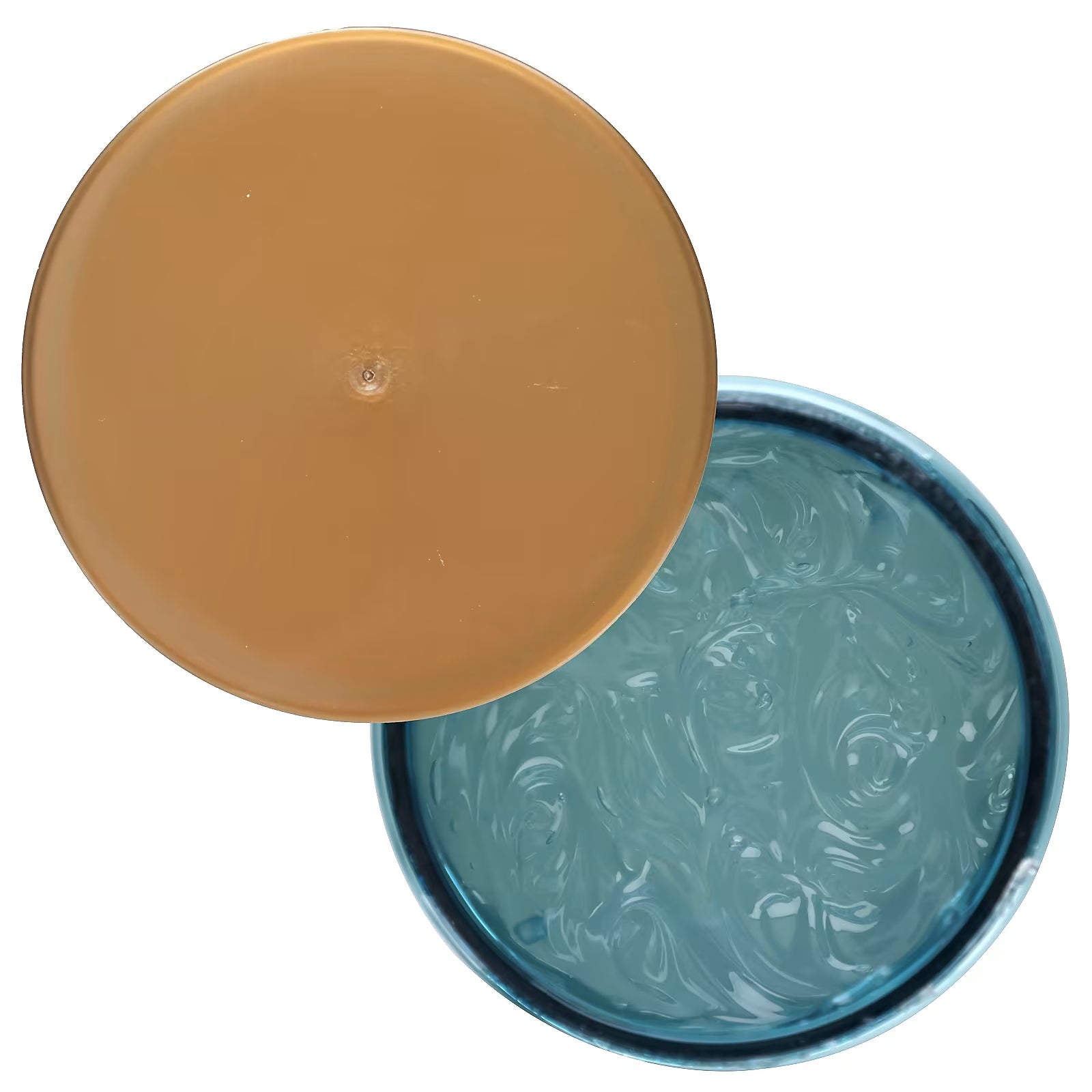Open container with brown lid and blue interior showing a textured substance.