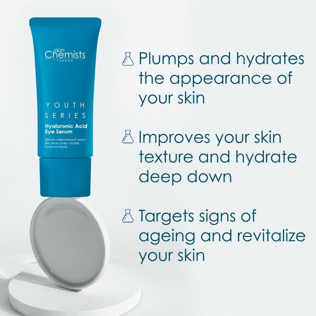 Blue skincare tube with text about skin benefits on a white background