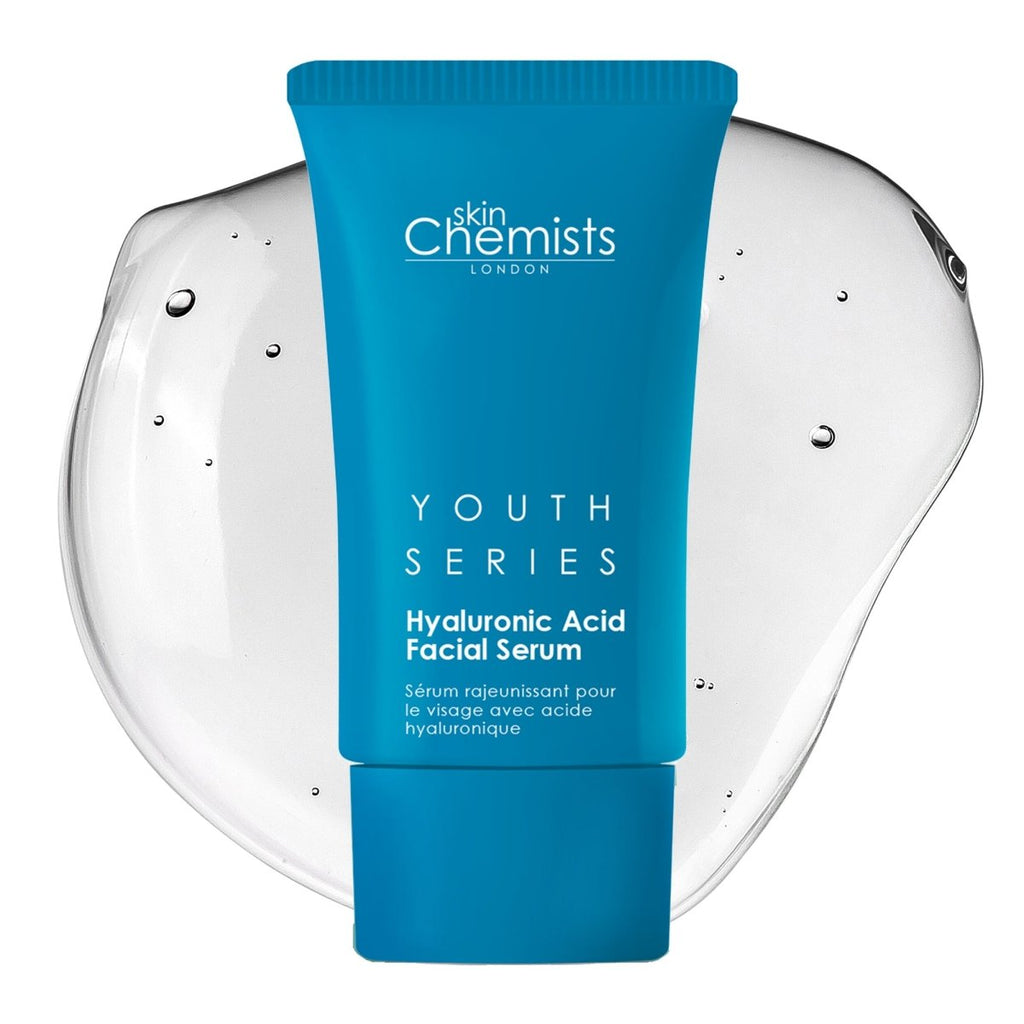 Blue tube of Cskin Chemists London Youth Series Hyaluronic Acid Facial Serum on a clear background