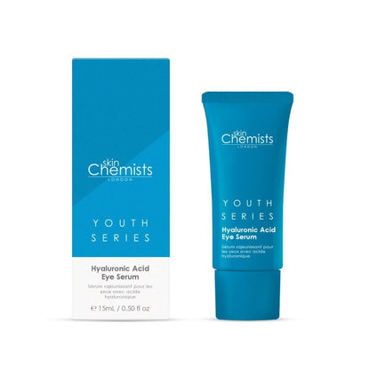 Blue tube and packaging of skinChemists Youth Series Hyaluronic Acid Eye Serum on a white background