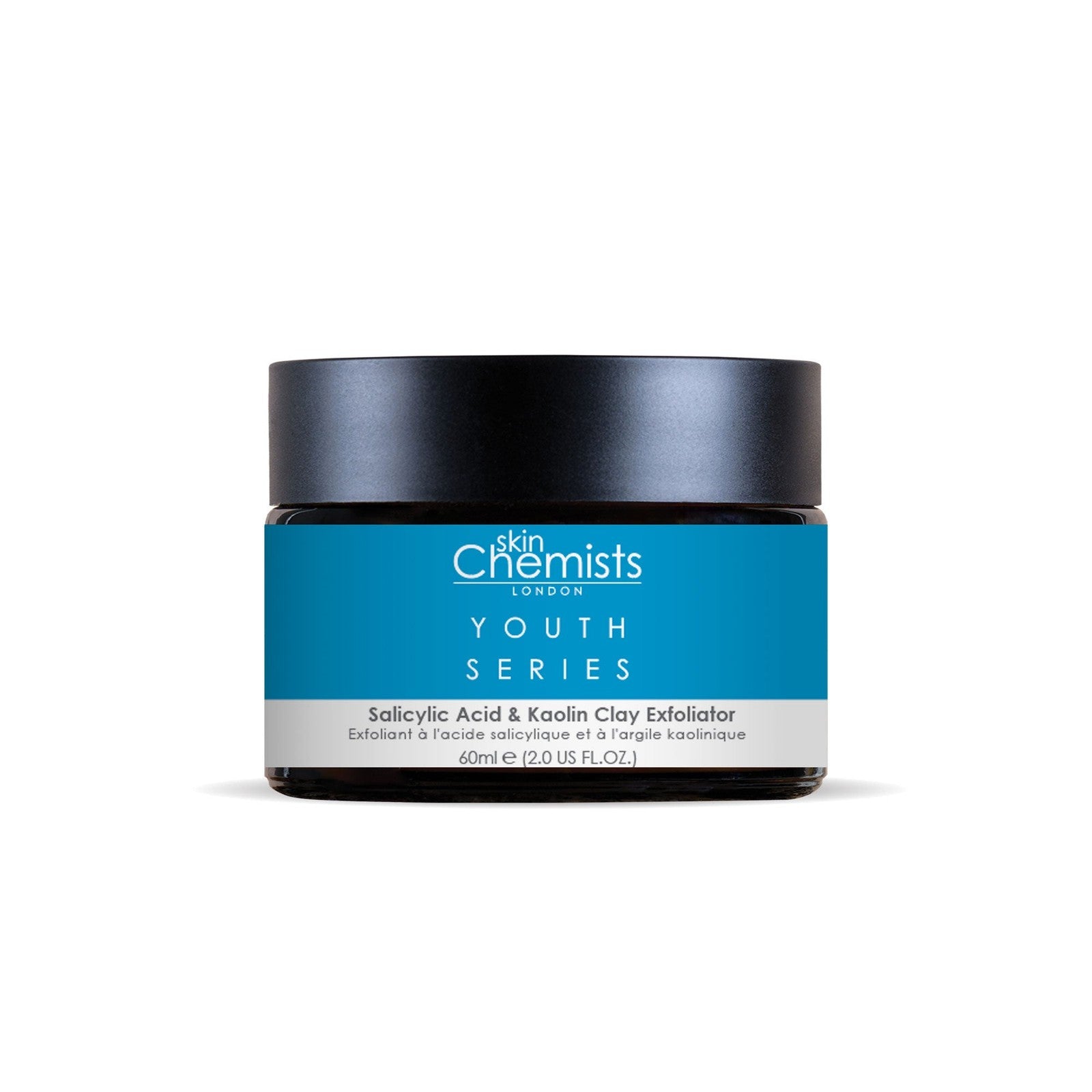 Skincare jar with blue label and black lid on a white background