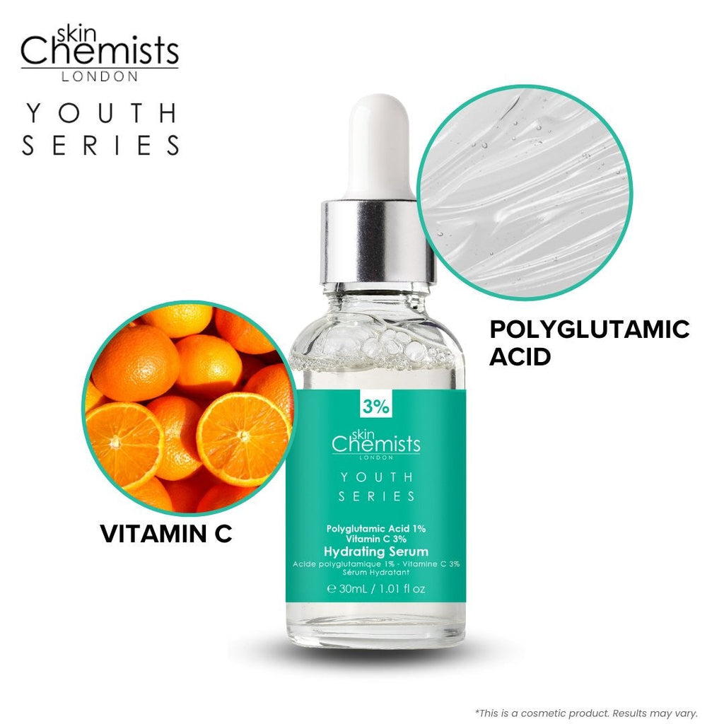 Skin Chemists London Youth Series serum with vitamin C and polyglutamic acid, shown with oranges and close-up of skin texture.