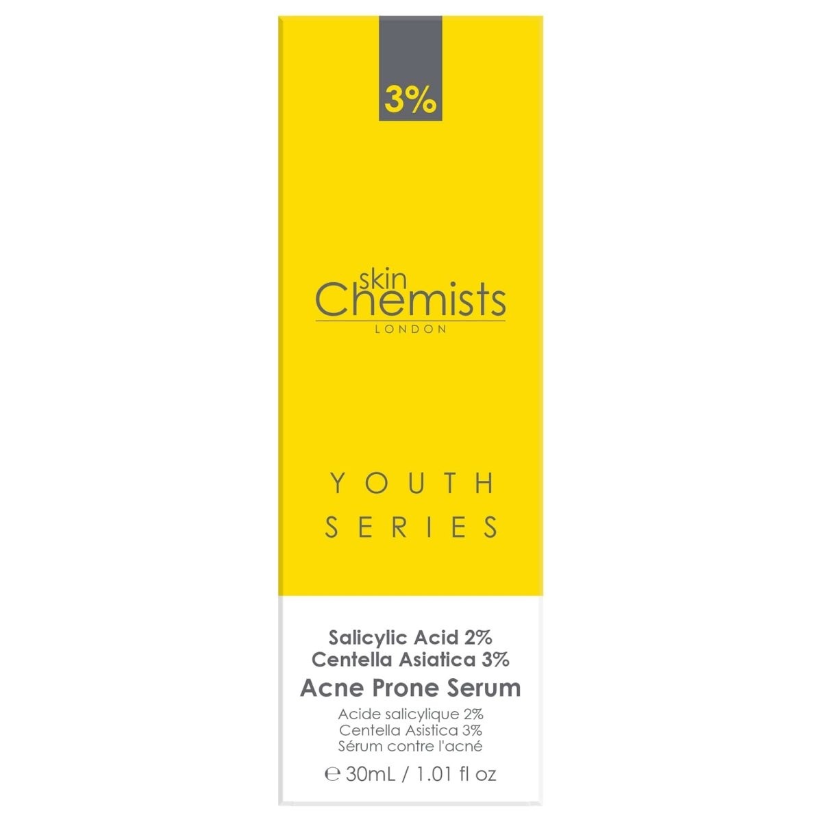 Skincare serum packaging with 'skinChemists London' branding on a white background
