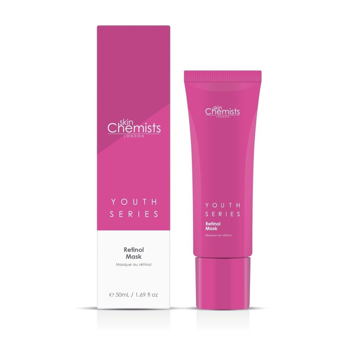Pink skincare product and packaging with 'skin Chemists' branding on a white background