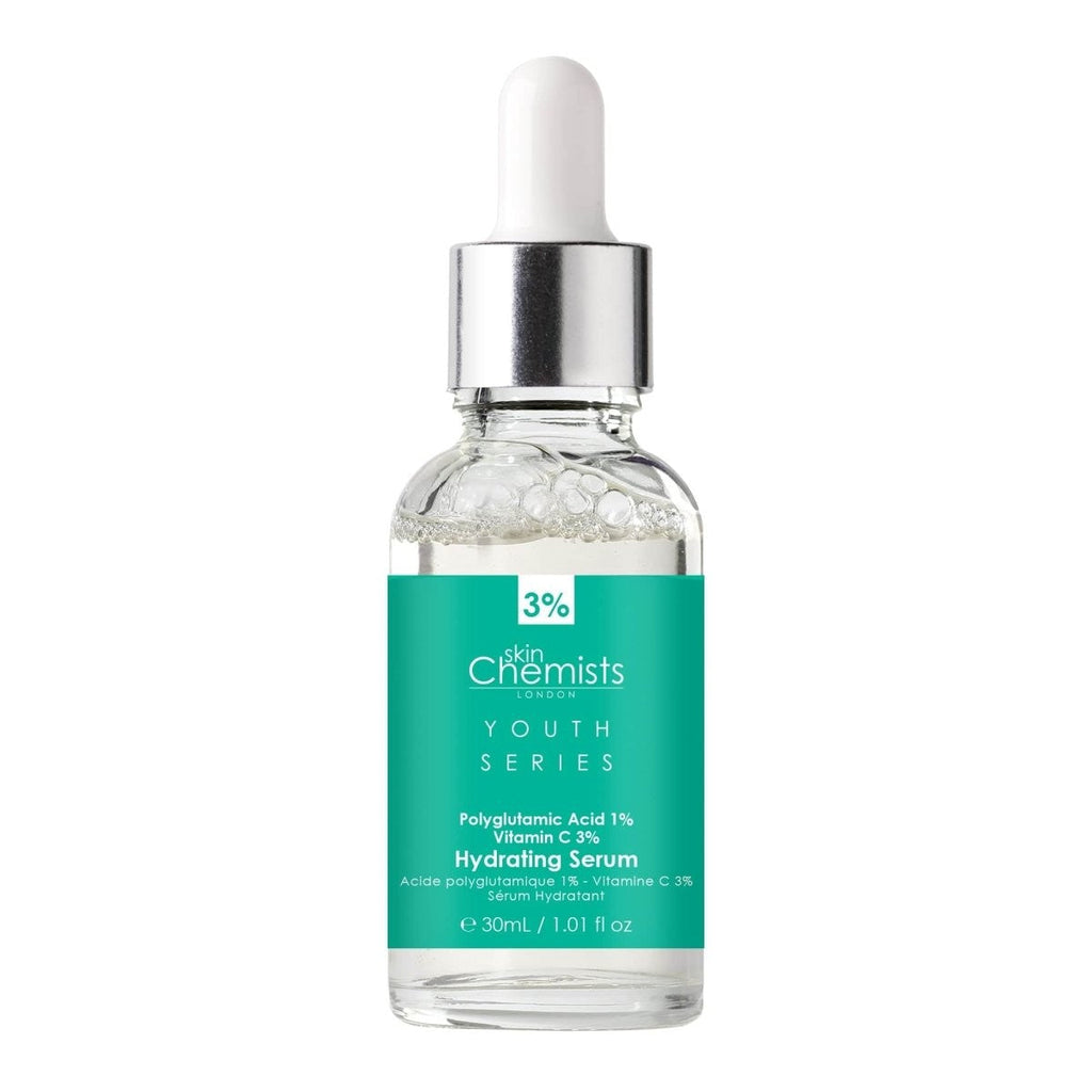 Skincare serum bottle with dropper on a white background