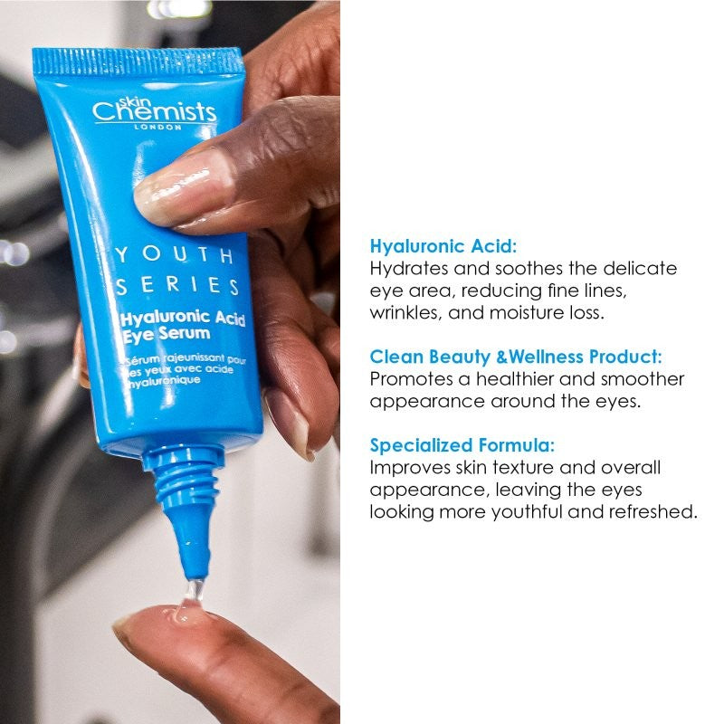 Blue tube of skin chemists youth series eye serum held by a hand with text about its benefits.