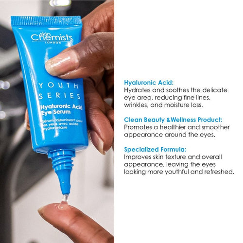 Blue tube of skin chemists youth series eye serum held by a hand with text about its benefits.