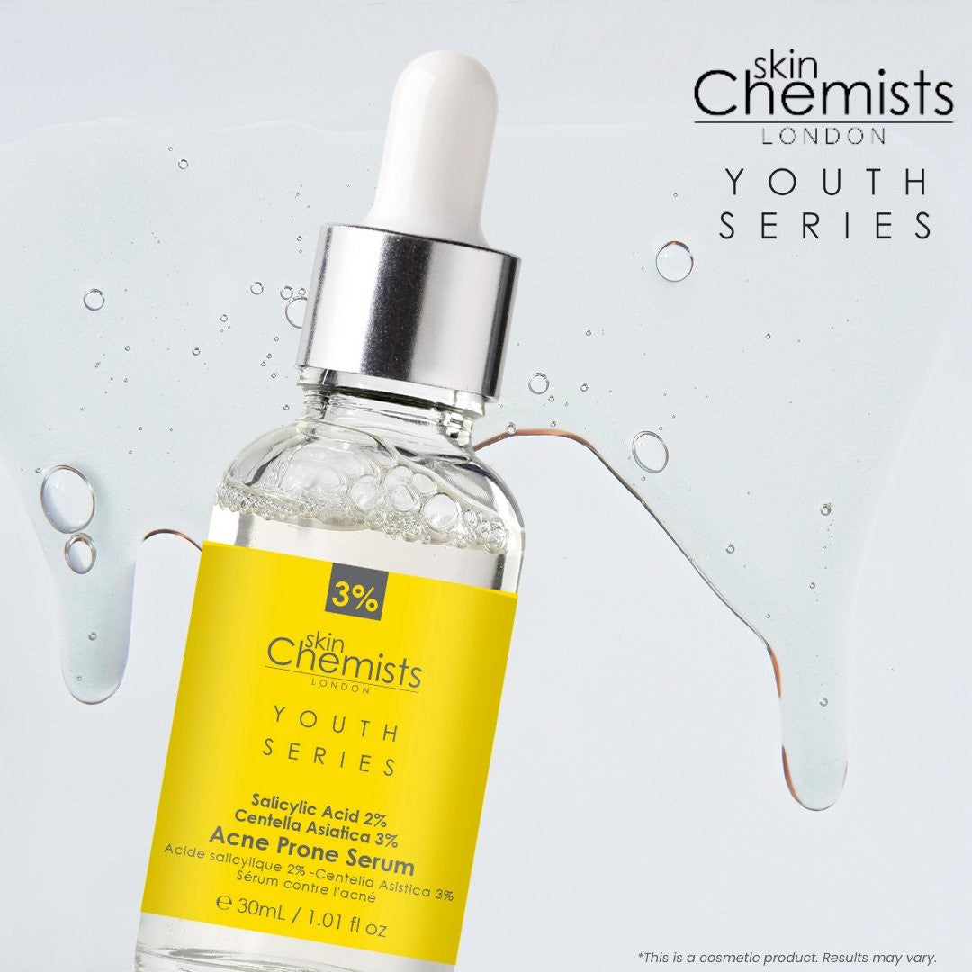 Acne Prone Serum bottle with dropper from skinChemists London on a light gray background