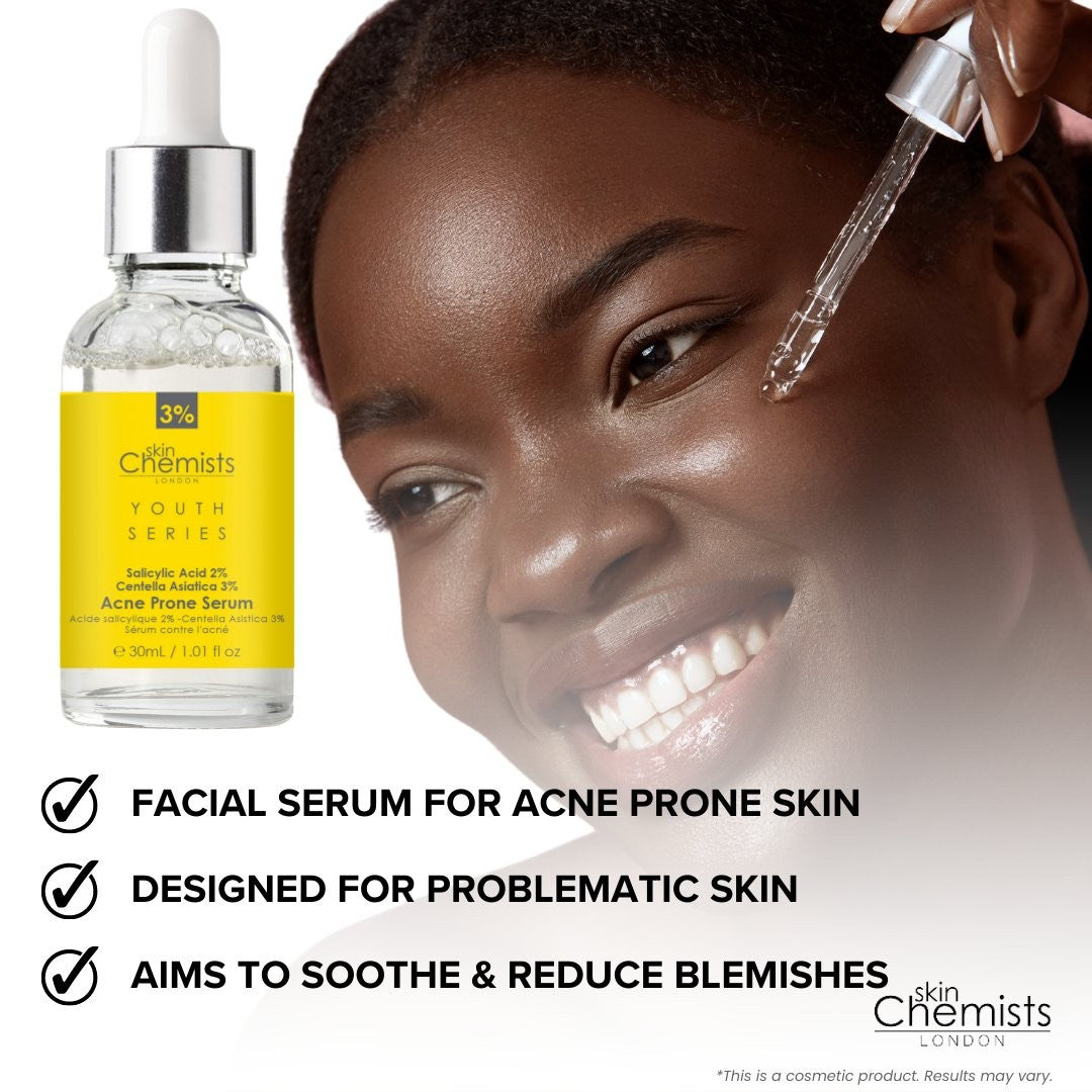 Facial serum for acne-prone skin with a woman applying it, featuring 'The Chemists' brand.