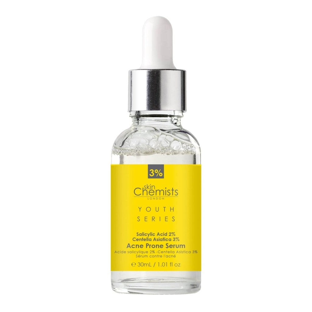 Acne Prone Serum bottle with yellow label on a white background