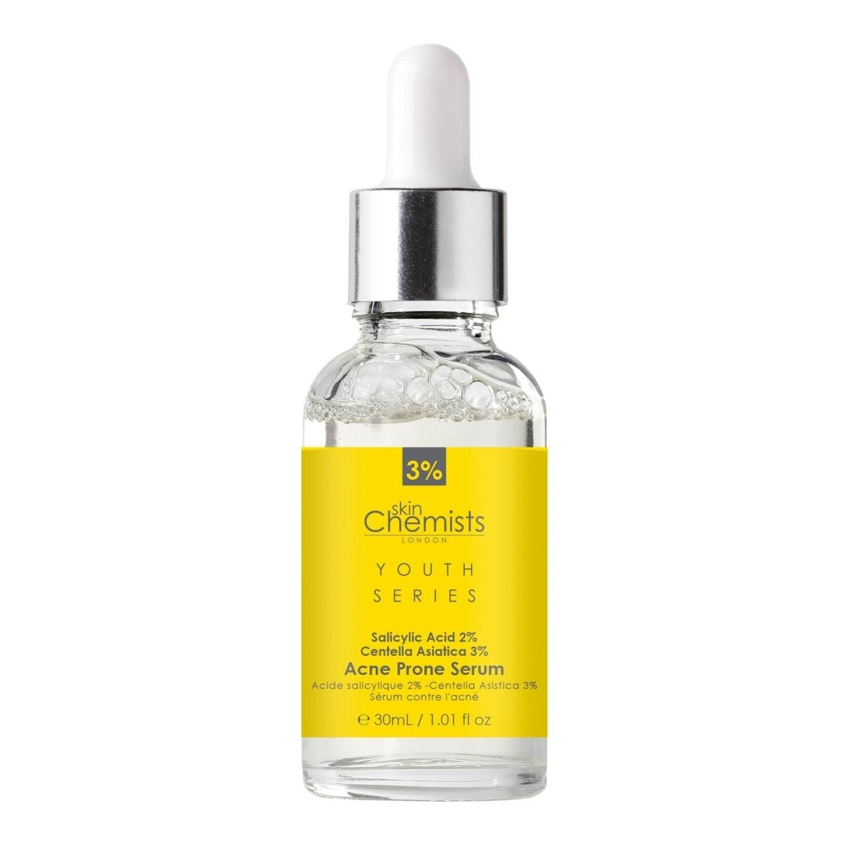Acne Prone Serum bottle with yellow label on a white background
