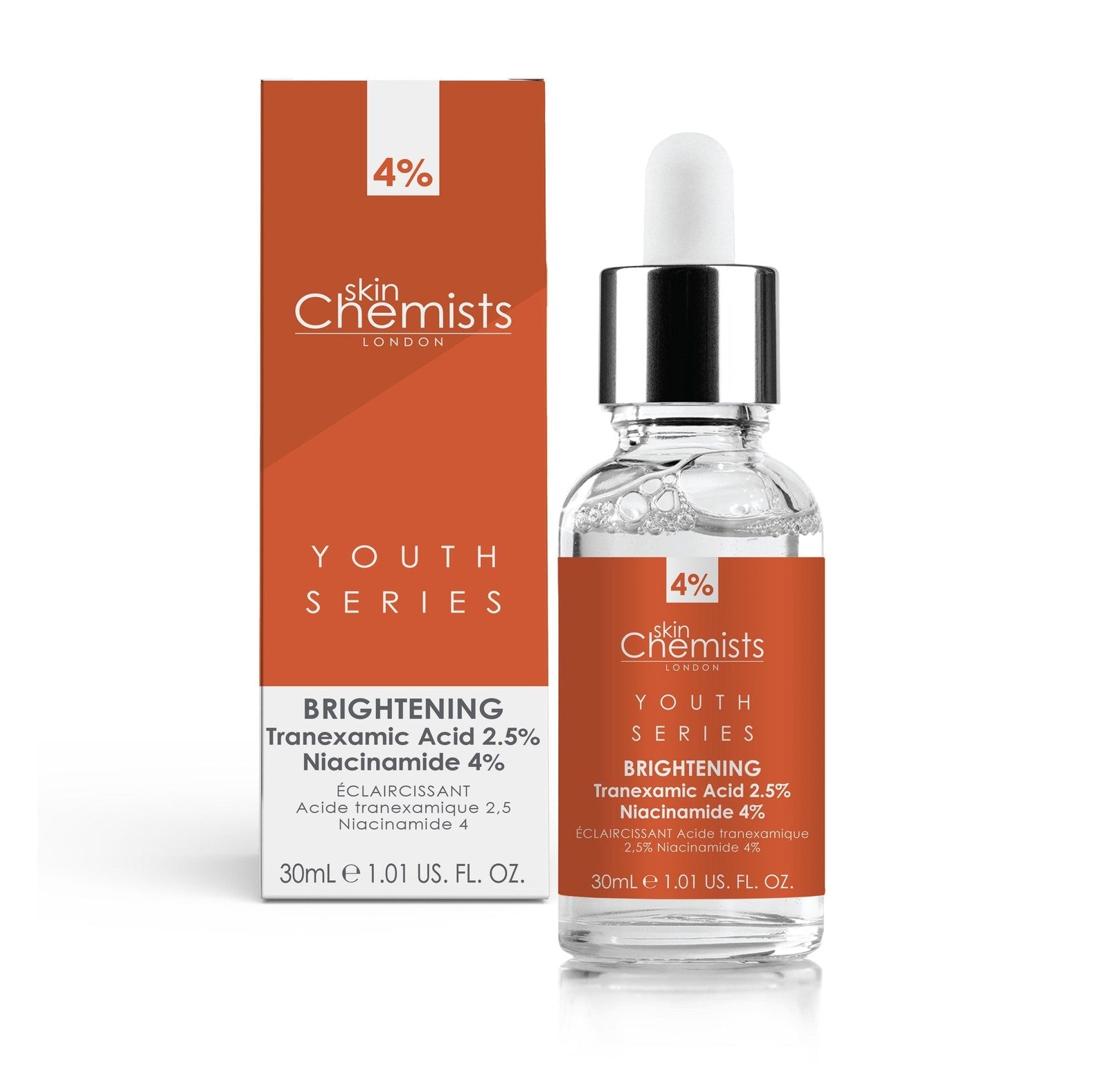 skinChemists London Youth Series brightening serum bottle and packaging on a white background
