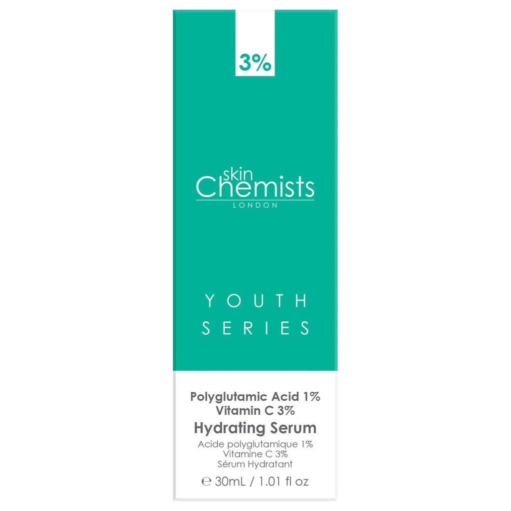 Skincare serum packaging with 'skin Chemists' branding on a white background