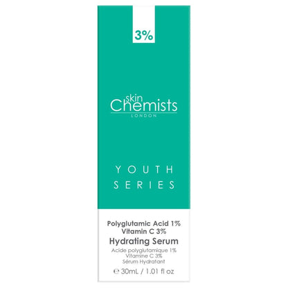 Skincare serum packaging with 'skin Chemists' branding on a white background
